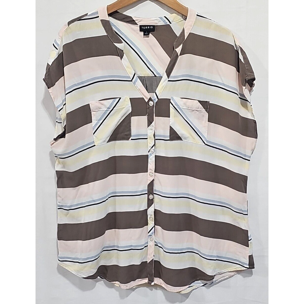 Torrid Womens Challis Button-Up Blouse Size 1X Pink Brown Stripped Dolman Sleeve